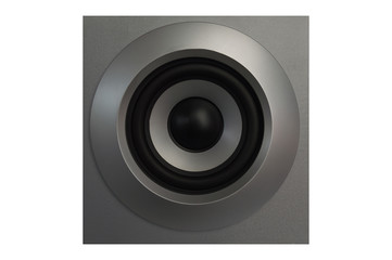 High quality loudspeakers.Hi fi sound system in shop for sound recording studio.Professional hi-fi cabinet speaker box.Audio equipment for record studios.Subwoofer with speakers.