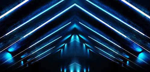 Abstract blue background with lines and rays of neon light. Reflection in space of symmetry. Abstract tunnel in motion.