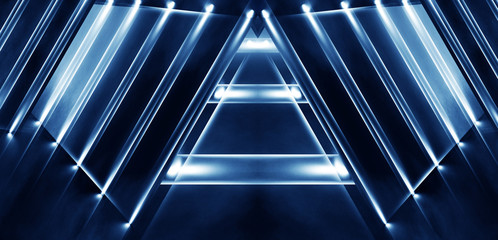 Obraz premium Abstract blue background with lines and rays of neon light. Reflection in space of symmetry. Abstract tunnel in motion.