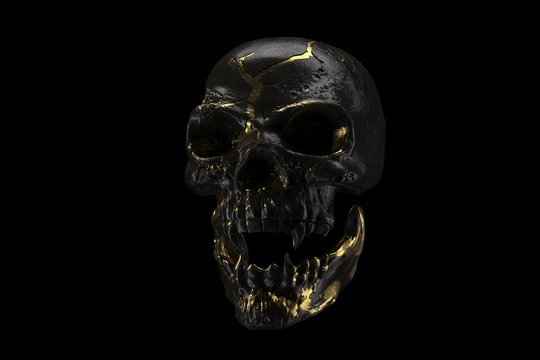 Golden and black skull isolated on black background. The demonic skull of a vampire. Scary skilleton face for Halloween. Dead vampire, skull with vampire fangs. 3D rendering.