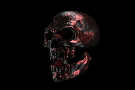 Golden and black skull on black background. The demonic skull of a vampire. Scary skilleton face for Halloween. Dead vampire, skull with vampire fangs. 3D rendering.
