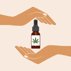 Hands holding Hemp oil in a bottle. Medical Cannabis oil. CBD oil cannabis extract. Natural Hemp oil. Icon product label and logo graphic template. Isolated vector illustration.