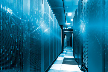 Server room in big data center with binary code design. Modern interior super computer for digital...