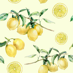 Watercolor lemon slice and branch seamless pattern. Hand painted lemon fruit on branch with slice isolated on white background. Floral botanical illustration for design, print.
