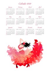 Beautiful calendar design for 2020 year with dancing girl dressed in red dress and with translucent shawl in shape of flying bird on white background.