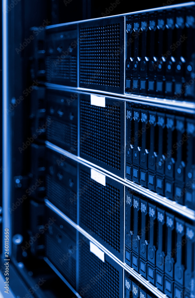 Aufkleber close up view of modern computer server in dark tinting design. networking, big data centre and high