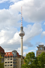 Naklejka premium BERLIN, GERMANY. The Berlin television tower against the background of the blue sky