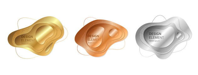 Abstract fluid design. Gold, silver, copper splash isolated on white background. Liquid shaped elements. Metal logo template