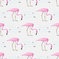 Vector seamless pattern with flamingo birds on a lake,surrounded by fish
