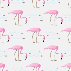 Fototapeta premium Vector seamless pattern with flamingo birds on a lake,surrounded by fish