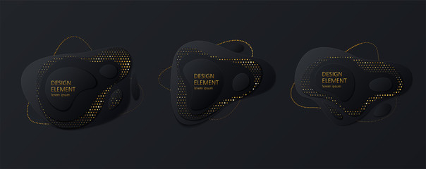 3D abstract paper cutting black colored elements with pattern of gold glitters. Luxury liquid shapes design on dark background. Fluid elements