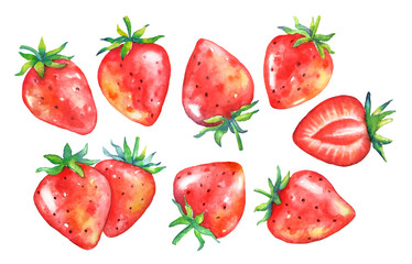Set of watercolor hand drawn strawberries.