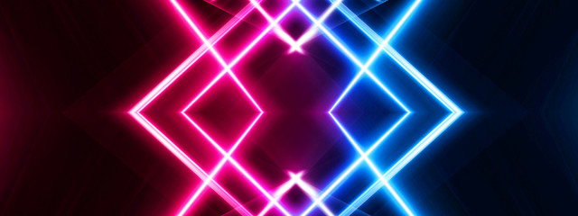 Fototapeta premium Abstract blue background with lines and rays of neon light. Reflection in space of symmetry. Abstract tunnel in motion.