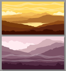 Mountain landscapes set. Yellow and purple mountain ranges at sunset. Vector illustration.