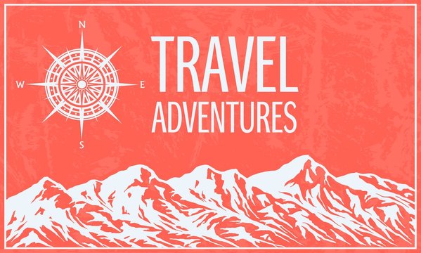 Mountaineering And Travelling Grunge Background With Huge Mountain Range Silhouette And Compass Rose. Living Coral Background. Vector Illustration With Copy-space.