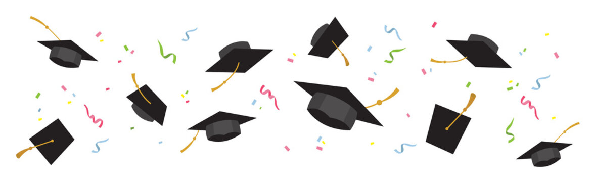 Graduating black caps up in the air on a white background-vector