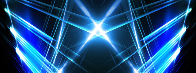 Abstract blue background with lines and rays of neon light. Reflection in space of symmetry. Abstract tunnel in motion.