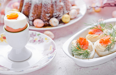 Easter breakfast.Cake and eggs with salmon