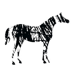 Horse silhouette with grunge grain black hand drawing artistic strokes stamp texture. Vector art with crayon abstract style. Equestrian sport illustration.