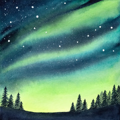 Watercolour illustration of peaceful serene spruce forest under colorful northern lights and night starry sky. Handdrawn water color gradient drawing, backdrop for creative design, print, wallpaper.
