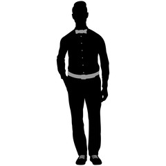 Fototapeta na wymiar Silhouette of a stylish man wearing a bow tie and leather belt