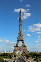Fototapeta na wymiar Famous Eiffel Tower with blue sky and some white clouds seen fro