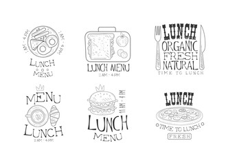 Vector set of monochrome logos for lunch menu. Hand drawn emblems with fried eggs, coffee with croissant, tasty sandwich, burger and pizza