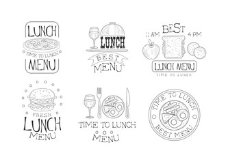 Vectoe set of hand drawn black and white emblems for lunch menu. Original logos with fresh pizza, tasty burger, fired eggs and sandwich