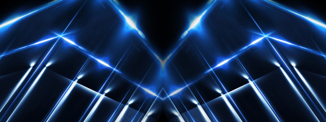 Abstract blue background with lines and rays of neon light. Reflection in space of symmetry....