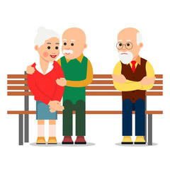 Old couple sit on bench. Elderly man hugs the woman. Next to happy couple is a lonely sad person. Romantic relationship. Illustration of people characters isolated on white background in flat style