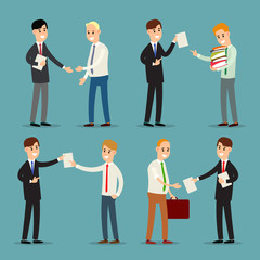 Businessman standing and talking in modern style. Concept business relations. Accounting and job employee with paper documents. Business contract. Illustration isolated on background in flat style