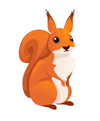 Cute little squirrel sit on floor. Cartoon animal character design. Flat vector illustration isolated on white background
