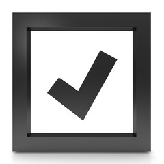 check mark tick icon ok sign gear hook symbol accept yes logo button black 3d render graphic isolated on white background in high resolution