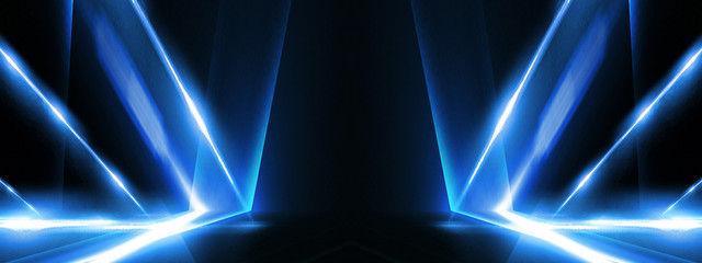 Abstract blue background with lines and rays of neon light. Reflection in space of symmetry....