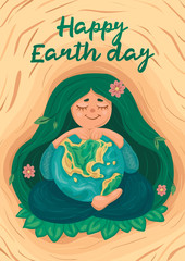 Vector illustration "Earth Day". A girl with green hair sits in a lotus position and hugs the Earth. Light background with wood texture.