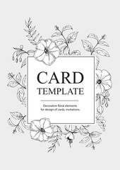 Invitation or greeting card template design with floral hand drawn elements on light background. Vector