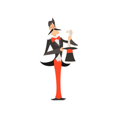 Magician Pulling Rabbit out of His Hat, Illusionist Performing in Circus Show Cartoon Vector Illustration