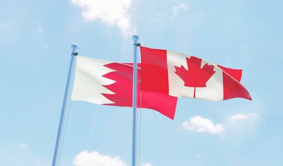 Canada and Bahrain, two flags waving against blue sky. 3d image