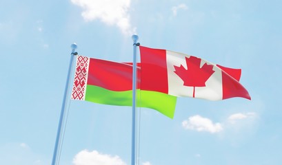 Canada and Belarus, two flags waving against blue sky. 3d image