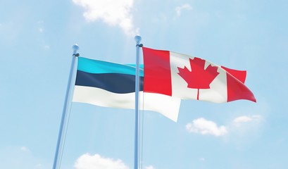 Canada and Estonia, two flags waving against blue sky. 3d image