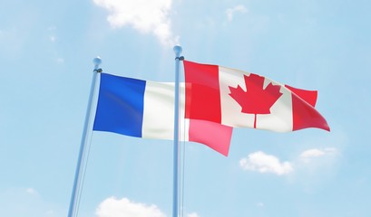 Canada and France, two flags waving against blue sky. 3d image