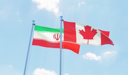 Canada and Iran, two flags waving against blue sky. 3d image