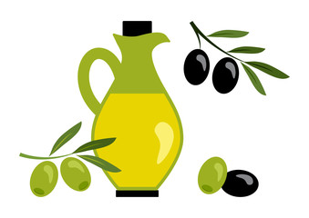 Olive oil with black and green olives. Vector illustration