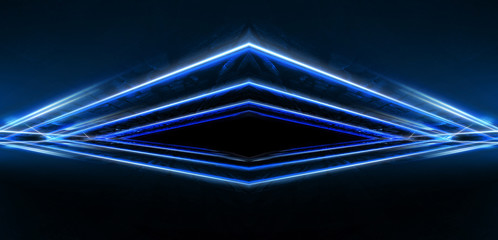 Abstract blue background with lines and rays of neon light. Reflection in space of symmetry. Abstract tunnel in motion.