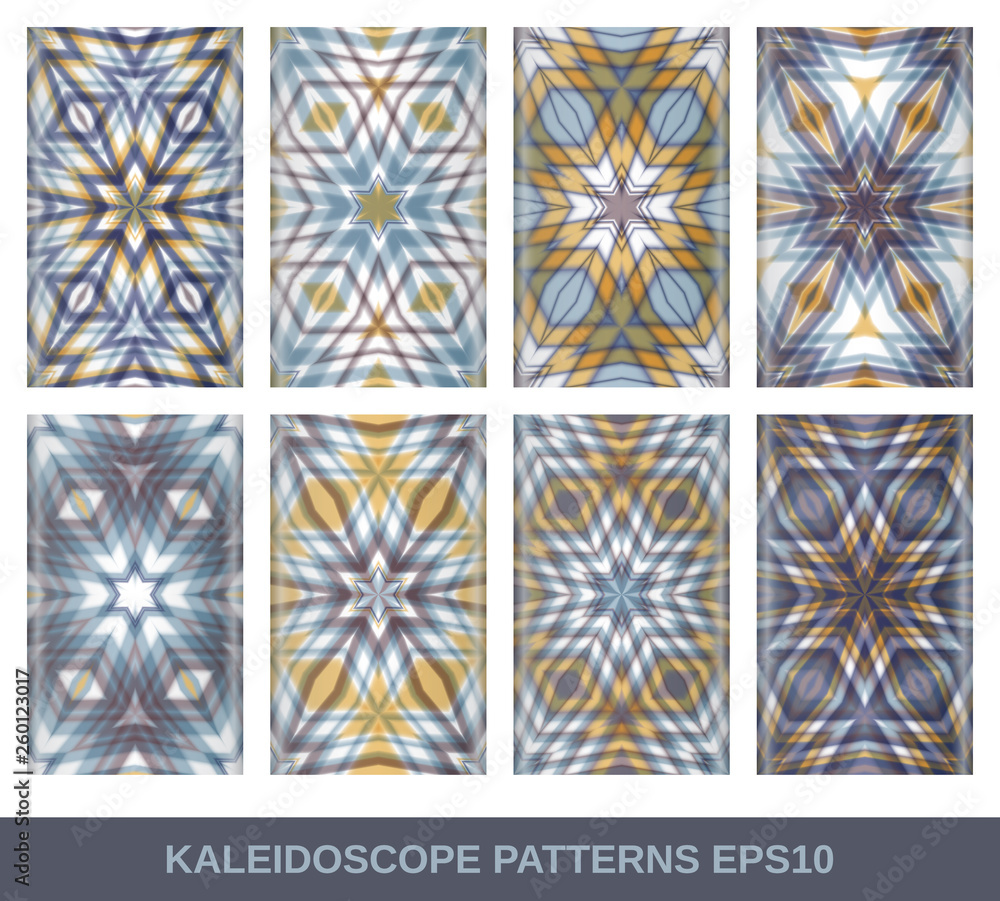 Poster set of seamless patterns with kaleidoscopes. hexagonal structure of figures. psychedelic patterns fo