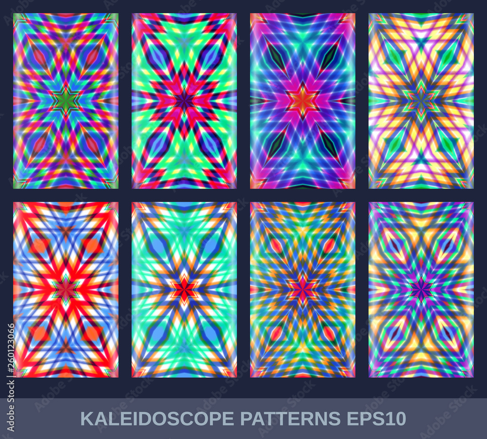 Poster set of seamless patterns with kaleidoscopes. hexagonal structure of figures. psychedelic patterns fo