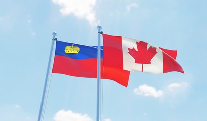 Canada and Liechtenstein, two flags waving against blue sky. 3d image