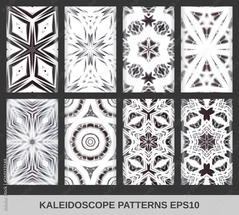Poster set of seamless patterns with kaleidoscopes. hexagonal structure of figures. psychedelic patterns fo