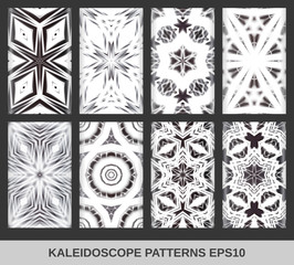 Set of seamless patterns with kaleidoscopes. Hexagonal structure of figures. Psychedelic patterns for your design.