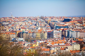 Aerial view of Prague rooftops and skyline from Petrin hill, Prague, Czech Republic